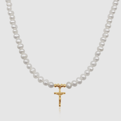 Crucifix Real Pearl Necklace (Gold)