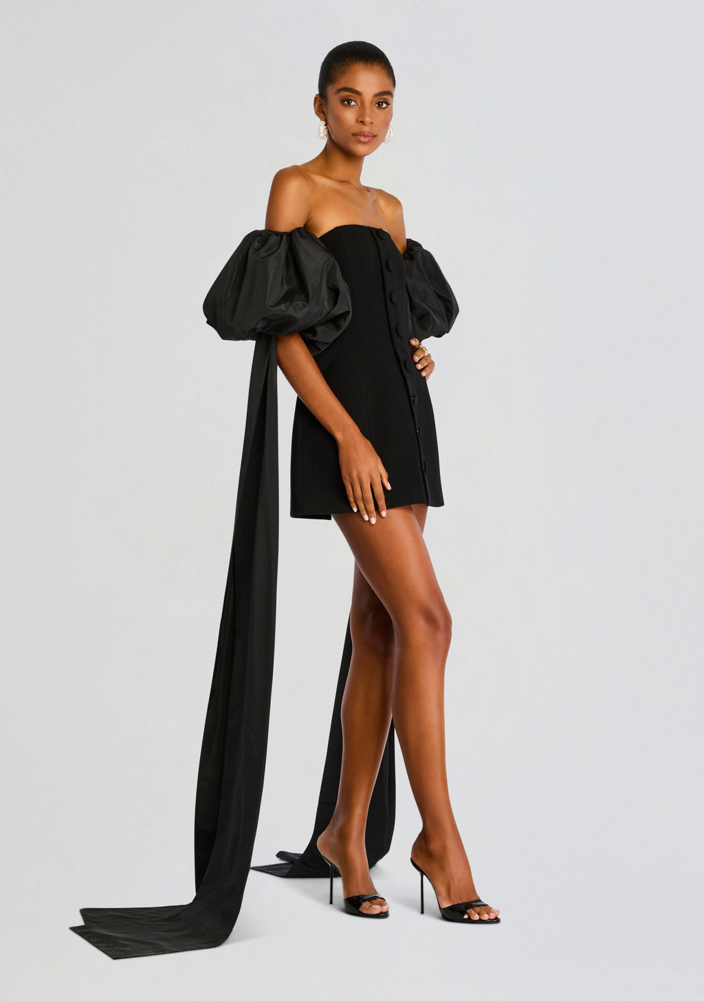 Laurent Mini Button Dress with Black Plumes